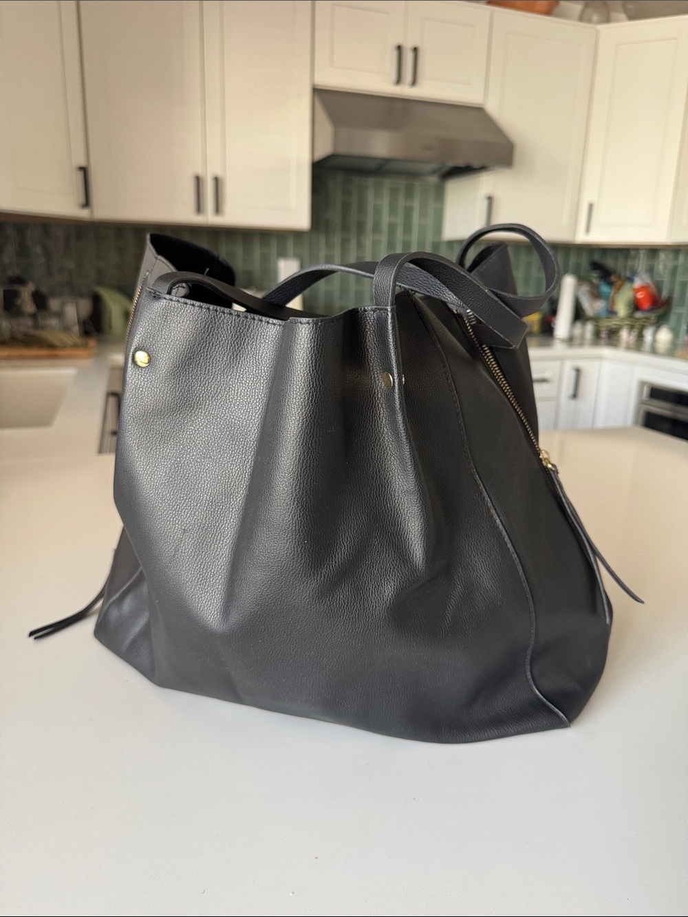 Black Leather Tote Bag with Gold Accents